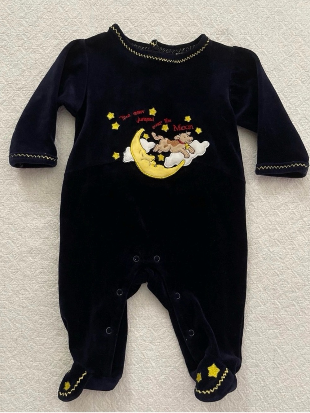 Mary Engelbreit Vintage Navy Velvet Footie with Moon and Stars Embroidery